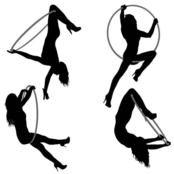 Set mulher silhueta fazendo alguns elementos acrobáticos aro aéreo em um fundo branco
 - Vetor, Imagem
