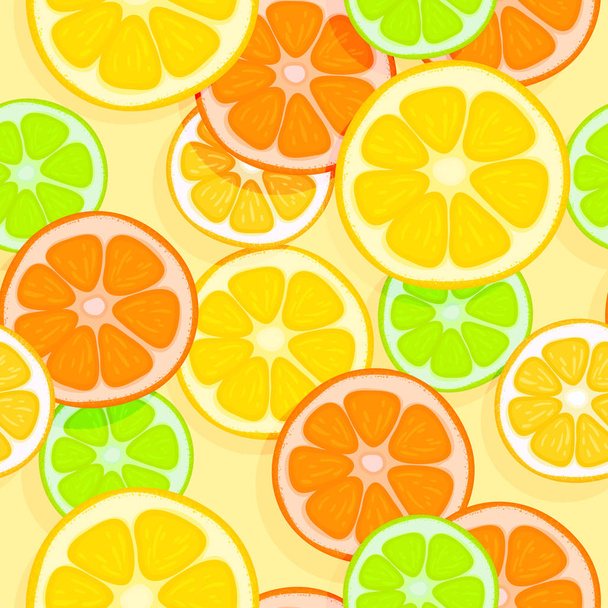 Bright appetizing seamless tropical background. Oranges, lemons, - Vector, Image