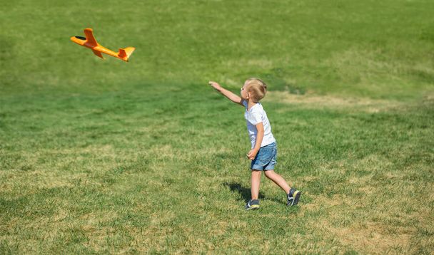 Young boy playing airplane on the meadow - Фото, зображення