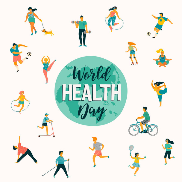Światowy dzień zdrowia. Ilustracja wektorowa osób prowadzących aktywny zdrowy tryb życia. - Wektor, obraz