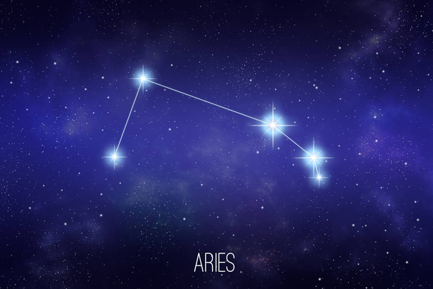 Aries zodiac constellation on a starry space background with lettering - Foto, Imagem