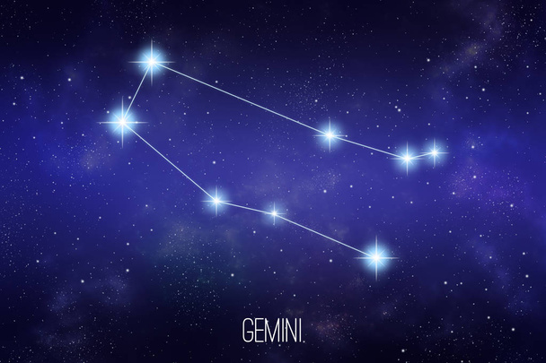 Gemini zodiac constellation on a starry space background with lettering - Фото, зображення