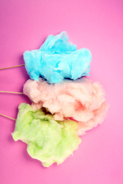 colorful cotton candy floss. sweet party food in pink and green - 写真・画像