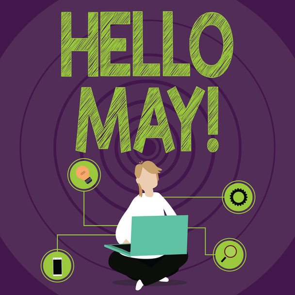 Escrita de mão conceitual mostrando Hello May. Texto da foto de negócios Começando um novo mês Abril termina Primavera
. - Foto, Imagem
