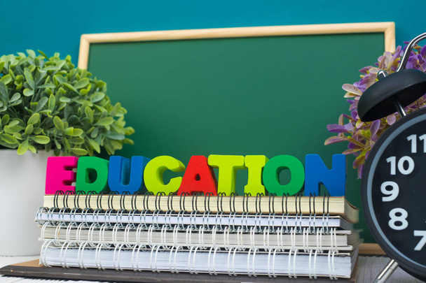 Back to school concept, Education text and green chalkboard with - 写真・画像