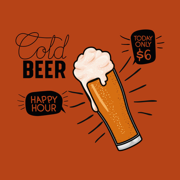happy hour beers label with glass - Vector, Image