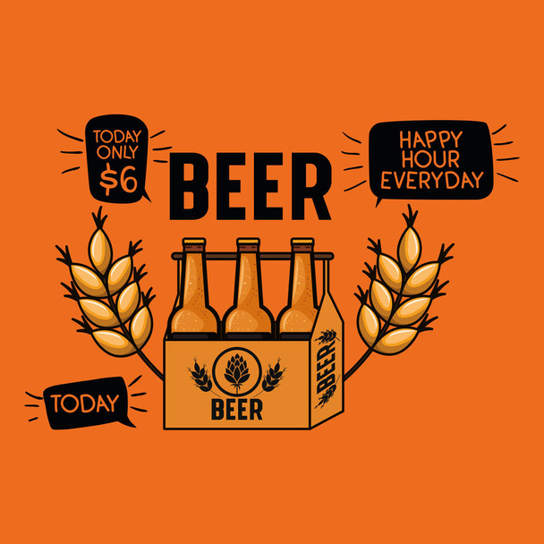 etiqueta de cervezas happy hour con botellas en cesta
 - Vector, Imagen