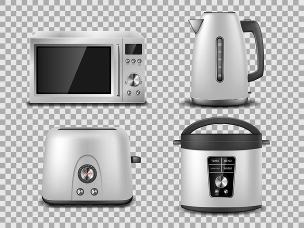 Kitchen appliances template. Realistic silver microwave, kettle, oven, juicer, toaster, multicooker silver mockup. Set of household appliance vector illustration. - Vector, Image