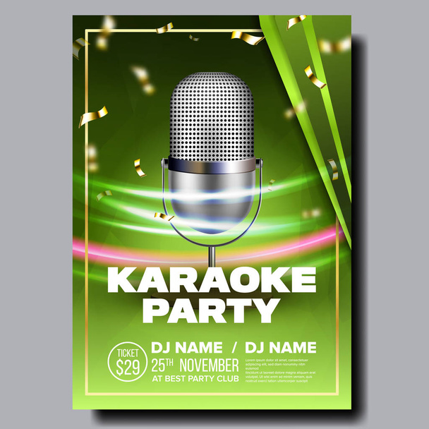 Karaoke Poster Vector. Vintage Karaoke Studio. Muzikale Record. Uitgezonden Object. Communicatiestijl. Abstracte sjabloon. Rock pret. Moderne geluid. Creatieve lay-out. Audio Element. Realistische afbeelding - Vector, afbeelding