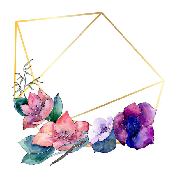 Bouquet floral botanical flowers. Watercolor background illustration set. Frame border crystal ornament square. - Foto, afbeelding