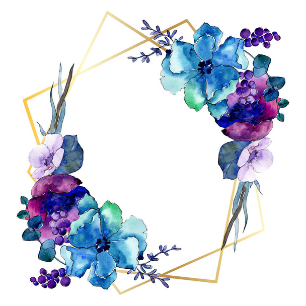 Bouquet floral botanical flowers. Watercolor background illustration set. Frame border crystal ornament square. - Foto, Imagem