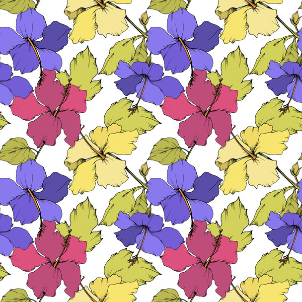 Vector Hibiscus floral botanical flower. Engraved ink art. Seamless background pattern. Fabric wallpaper print texture. - Vektor, Bild