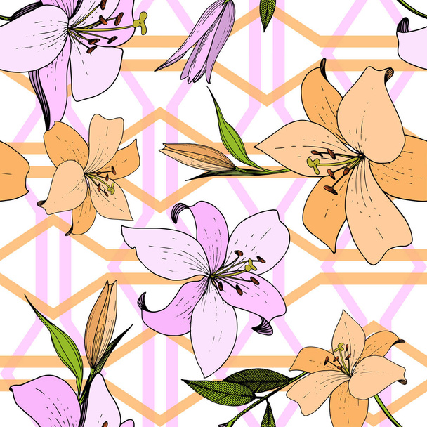 Vector Lily floral botanical flower. Engraved ink art. Seamless background pattern. Fabric wallpaper print texture. - Vector, Image