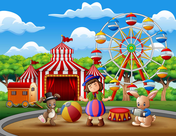 Happy girl in costume with a rabbits circus in the arena - Vector, Image