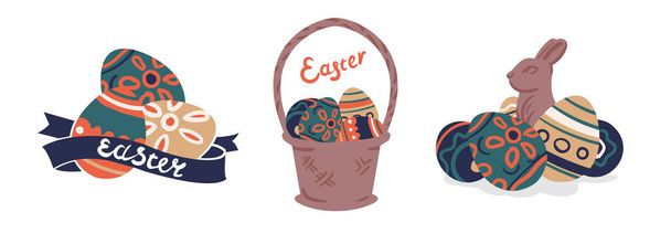 ハッピー イースター バスケットとお祝いうさぎの卵を設定します。ベクトル図  - ベクター画像