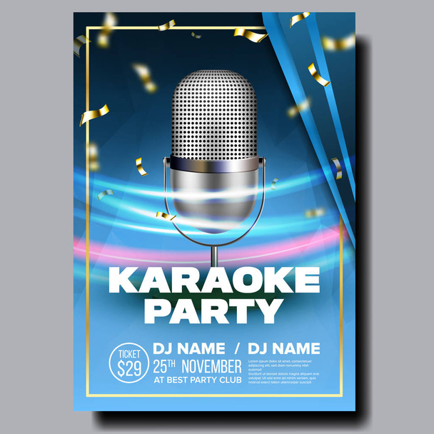 Karaoke Poster Vector. Retro Concert. Karaoke Club achtergrond. Mic Design. Creatieve lay-out. Audio Element. Spreker Label. Entertainment competitie. Aankondiging van de media. Luxe. Realistische afbeelding - Vector, afbeelding