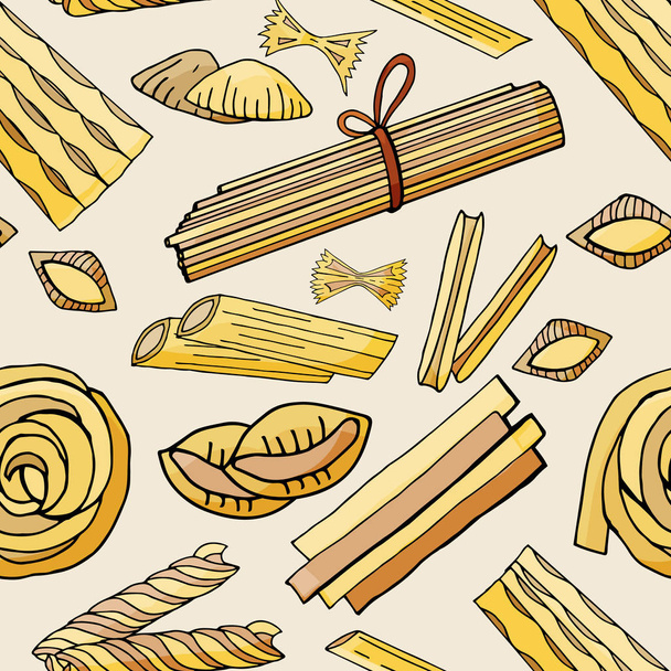 Seamless pattern with different types of pasta on  a light backg - Vector, imagen