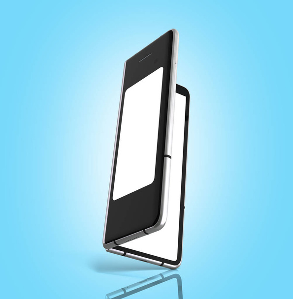 Pierwszy seryjny elastyczne telefon 3d renderowania na niebieskim tle - Zdjęcie, obraz