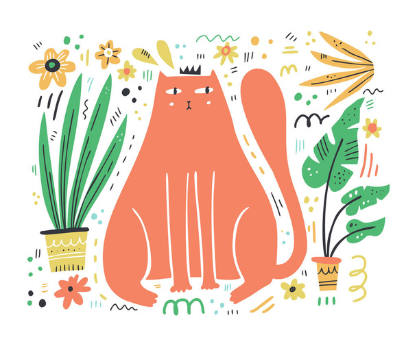 King cat flat hand drawn vector illustration - Vecteur, image