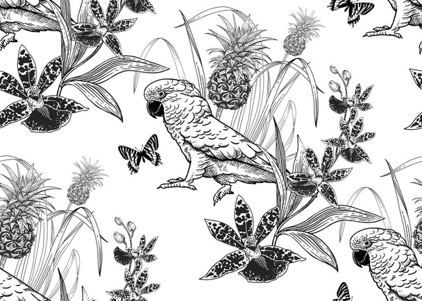 Seamless pattern. Parrot, pineapple, orchid and butterfly. - Vektor, obrázek