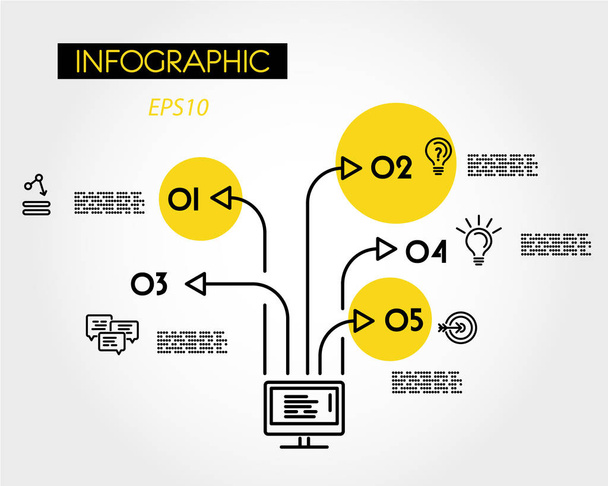 yellow linear infographic arrows with computer - Vetor, Imagem