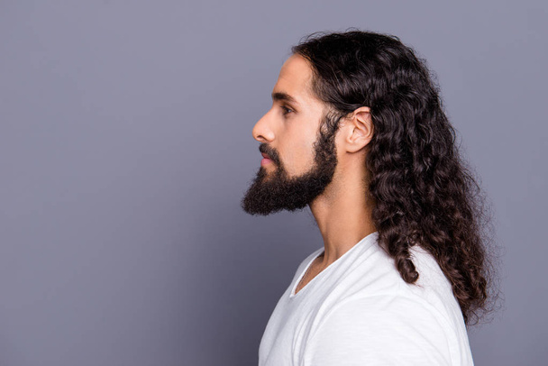 Close-up profile side view portrait of his he nice cool well-groomed attractive peaceful calm wavy-haired guy mustache isolated over gray violet purple pastel background - Foto, Bild