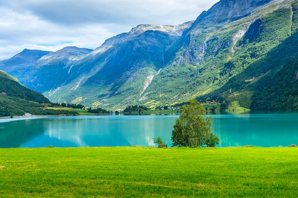 Norway fjord and mountain waterfalls landscape - Zdjęcie, obraz