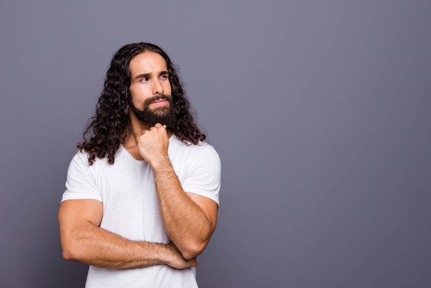 Portrait of his he nice cool attractive candid minded wavy-haired guy thinking creating life strategy isolated over gray violet purple pastel background - Fotografie, Obrázek
