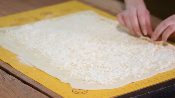 Woman making cheese rolls buns at table, close up - Metraje, vídeo