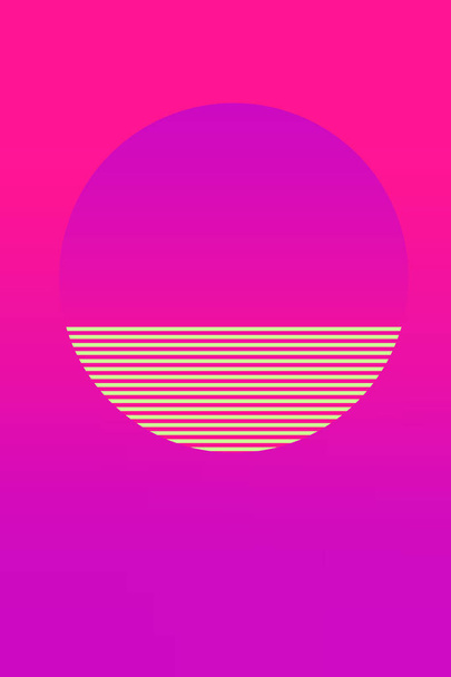 Logo de sol de retroondas. Círculo símbolo de gradiente geométrico. Futurista cyberpunk neón fondo digital para el diseño. Transiciones de color del tema: duótono púrpura y rosa. gradientes. 80s-90s. Imagen de trama
 - Foto, Imagen
