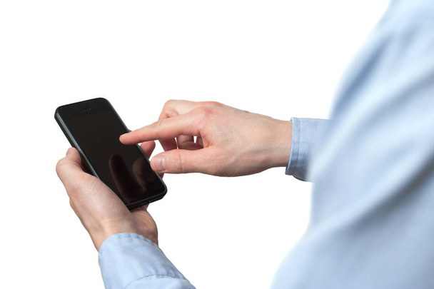 Maintien de la main et tactile sur Smartphone noir avec écran vide sur
  - Photo, image