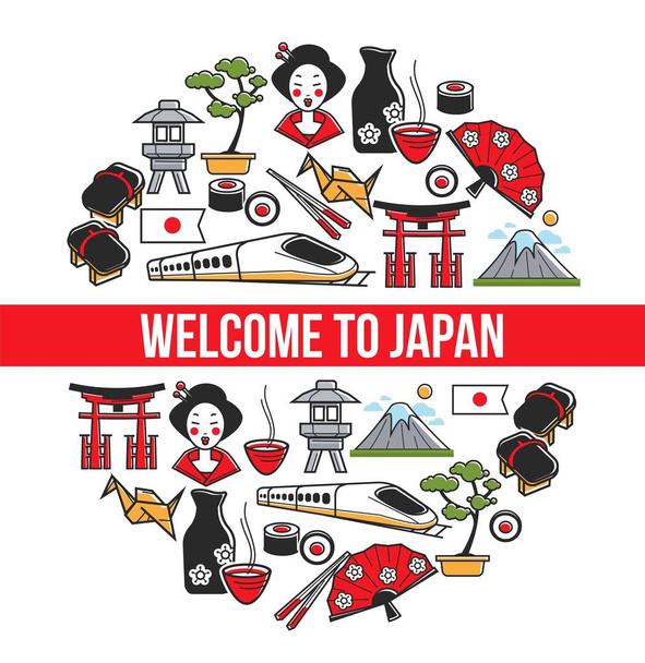 Bienvenido a Japón viajando símbolos japoneses turismo cultura oriental
 - Vector, imagen