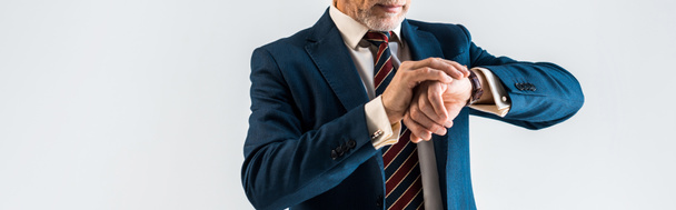 plano panorámico de hombre de negocios maduro en traje mirando reloj aislado en gris
 - Foto, Imagen