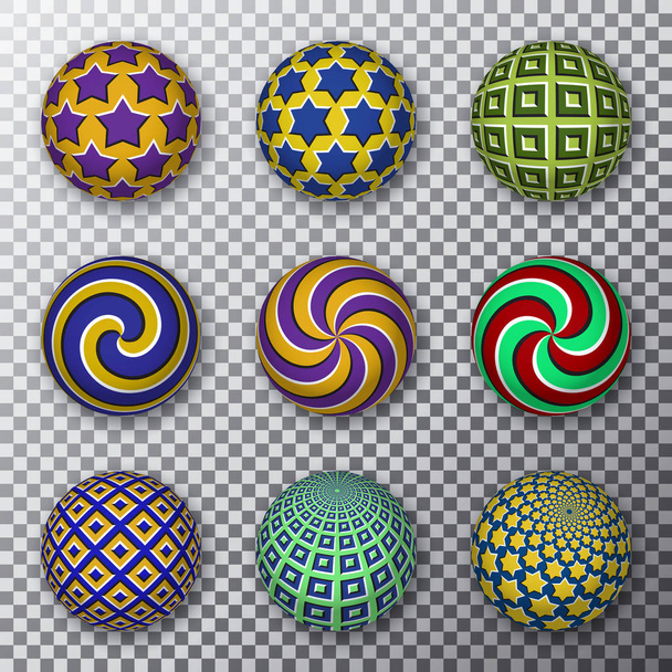 Bolas giratorias variadas sobre un fondo transparente. Conjunto de esferas estampadas con ilusión de movimiento visual
. - Vector, imagen