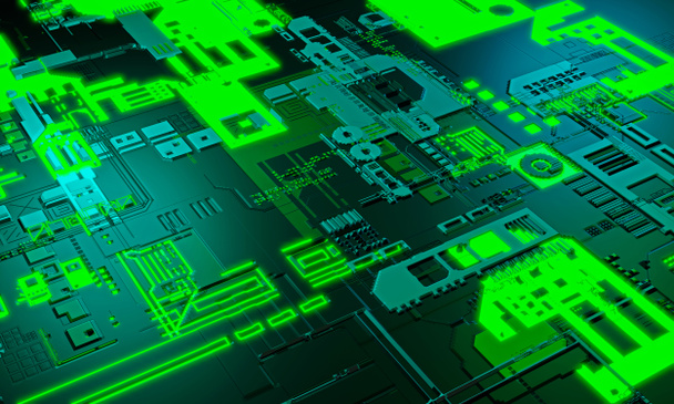 Abstract high tech elektronische PCB (printed circuit board) achtergrond in groene kleur. 3D illustratie - Foto, afbeelding