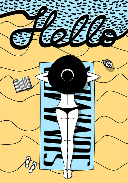 Hello summer. Slender beautiful woman in hat lying on towel on beach sand by sea. Poster modern flat pop art style - Διάνυσμα, εικόνα