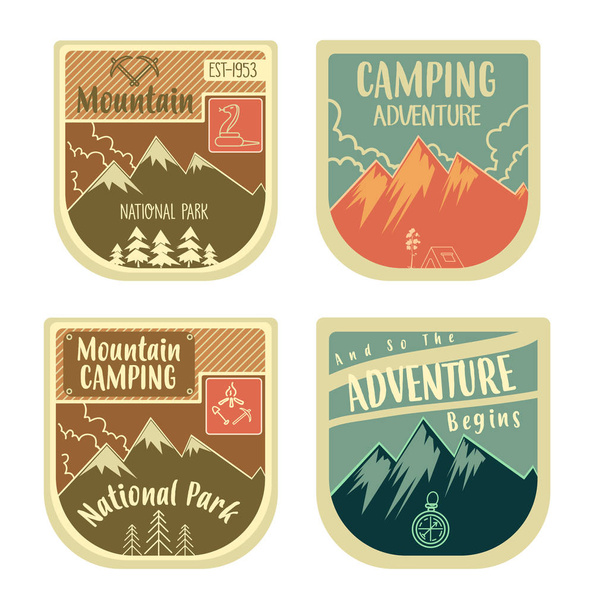 キャンプの荒野の冒険バッジ グラフィック デザイン ロゴ エンブレム - ベクター画像