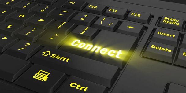 yellow glowing Connect key on black computer keyboard, 3d illustration - 写真・画像