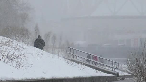 Glitch-Effekt. Menschen gehen im Schnee spazieren. Schlechtwetter. Ekaterinburg. Russland. Video - Filmmaterial, Video