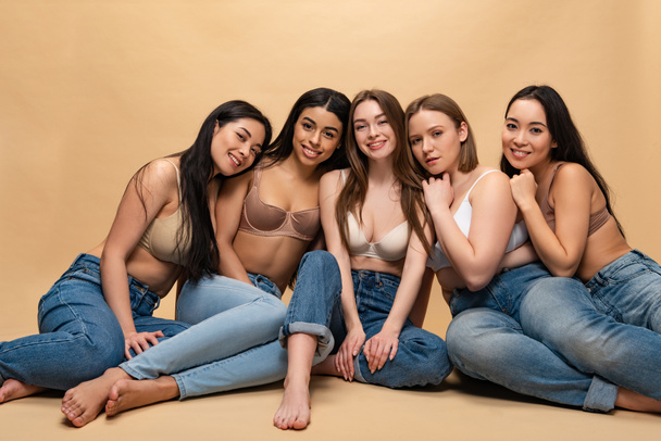 five smiling beautiful multicultural women posing at camera, body positivity concept - Photo, Image