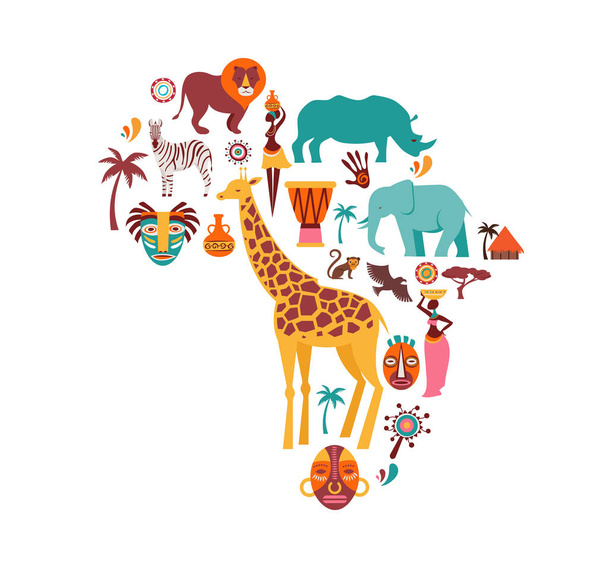 Mapa africano ilustrado com ícones de animais, símbolos tribais. Projeto vetorial
 - Vetor, Imagem