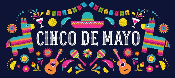 Синко-де-Майо - 5 мая, государственный праздник в Мексике. Фиеста баннер и дизайн плаката с флагами, цветами, украшениями - Вектор,изображение