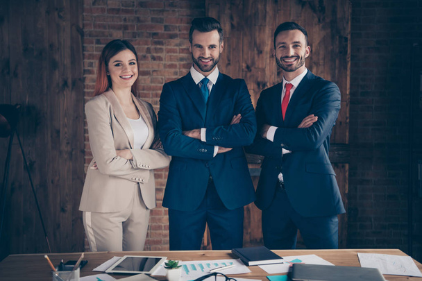 Portrait of three stylish trendy beautiful handsome cheerful representative business sharks folded arms crossed hands in loft industrial interior work place station - Photo, image