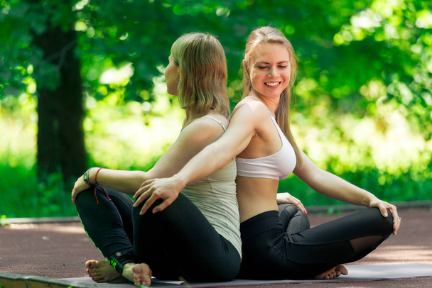 Cours avec un entraîneur de yoga individuel dans le parc sur un s ensoleillé
 - Photo, image