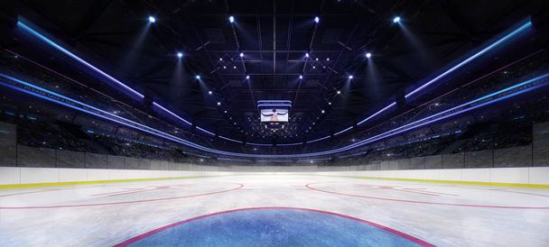スポット ライトに照らされたアイス ホッケー スタジアム内部ゴールキーパー ビュー - 写真・画像