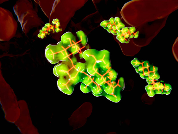 Streptomycin-Moleküle. 3D-Darstellung. Antibiotika werden zur Behandlung und Vorbeugung bakterieller Infektionen eingesetzt. Ihre Wirkung besteht darin, Bakterien abzutöten oder ihr Wachstum zu hemmen. Illustration - Foto, Bild