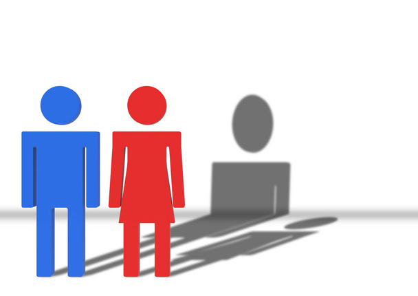 3d rendering. Male and female Gender sign with Man shadow is higher than woman. Gender pay gap concept. - Photo, Image