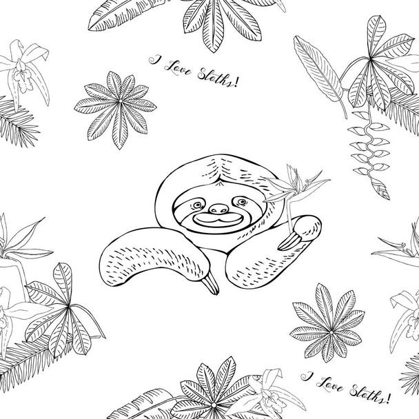 Seamless Pattern with Sloths in Jungle. Animal and Plants sketches. Hand Drawn Background  - Vektor, kép