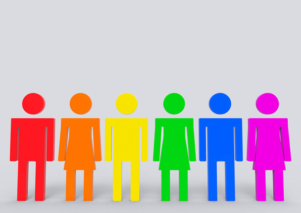 3d rendering. LGBT rainbow color on each male and female icon symbol white copy space gray wall as background. - Photo, Image
