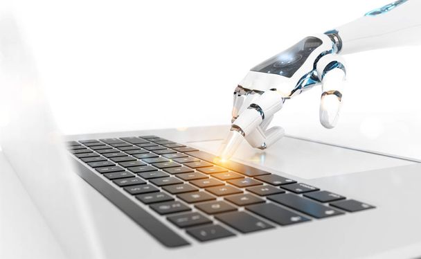 White robot cyborg hand pressing a keyboard on a laptop 3D rende - Valokuva, kuva